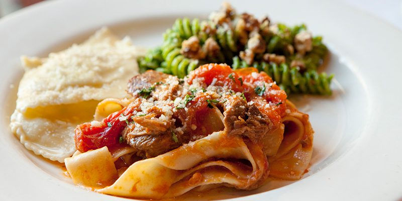 Lidia's Restaurant signature dishes Pasta TrioOsso BucoFrico (Cheese crisp with potatoes and onions)